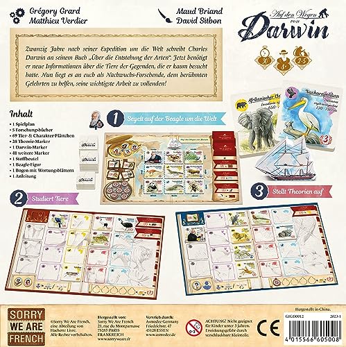 Sorry we are french, Auf den Wegen von Darwin, Familienspiel, nominiert zum Spiel des Jahres 2024, 2-5 Spieler, Ab 8+ Jahren, 30 Minuten, Deutsch