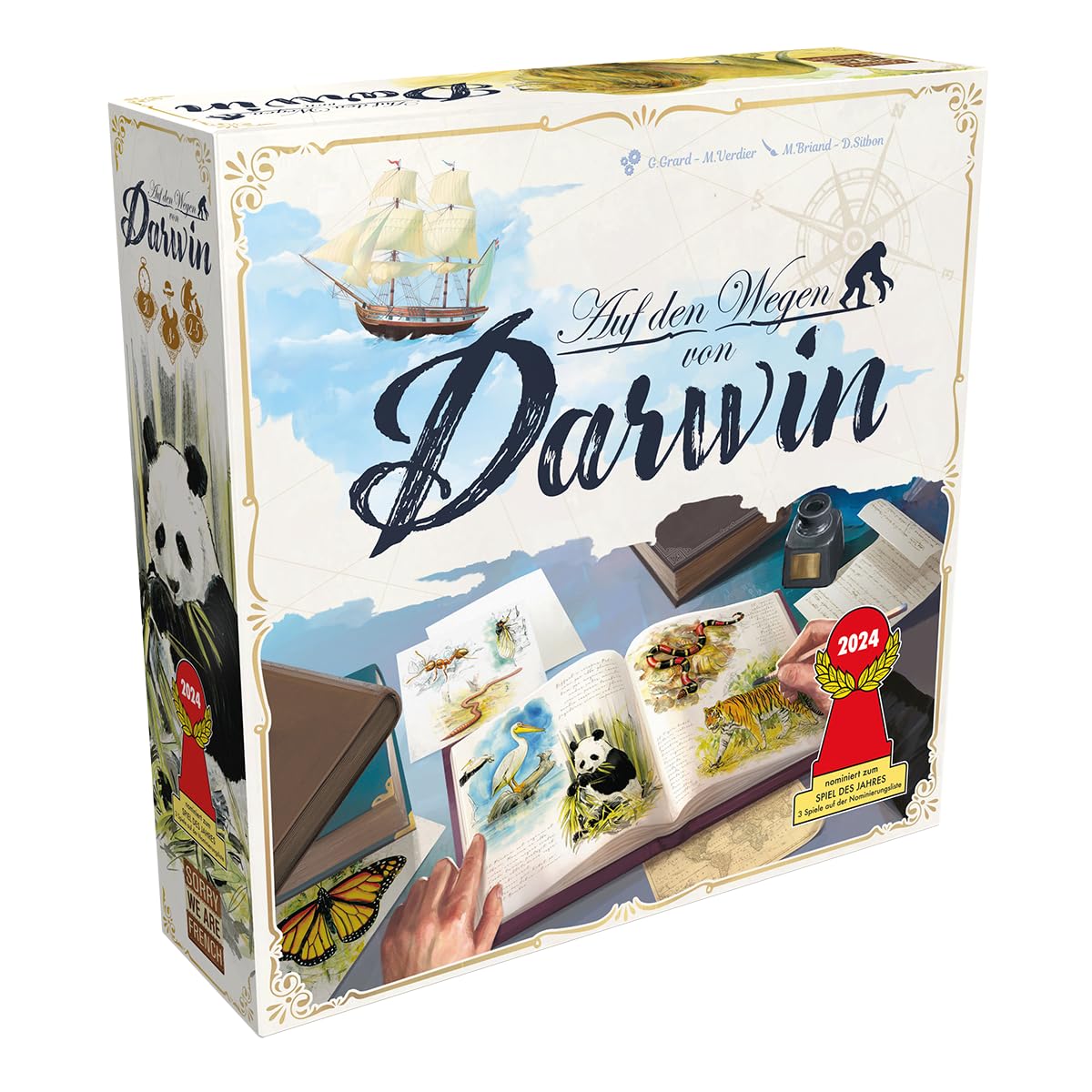 Sorry we are french, Auf den Wegen von Darwin, Familienspiel, nominiert zum Spiel des Jahres 2024, 2-5 Spieler, Ab 8+ Jahren, 30 Minuten, Deutsch